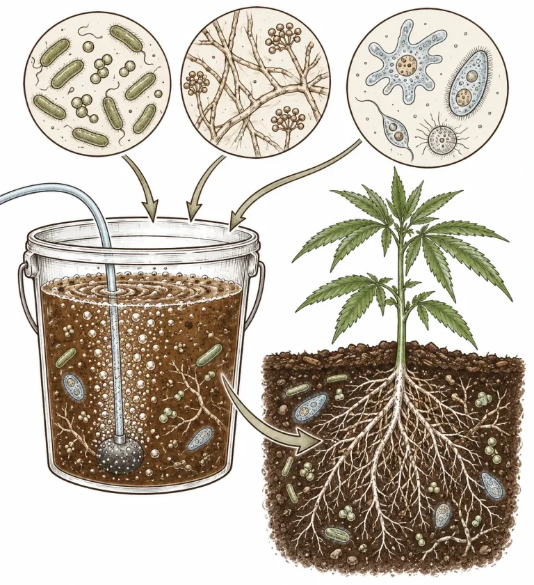 Schema: Bakterien, Pilzfäden und Einzeller aus dem Komposttee-Eimer gelangen an die Wurzeln einer Cannabispflanze