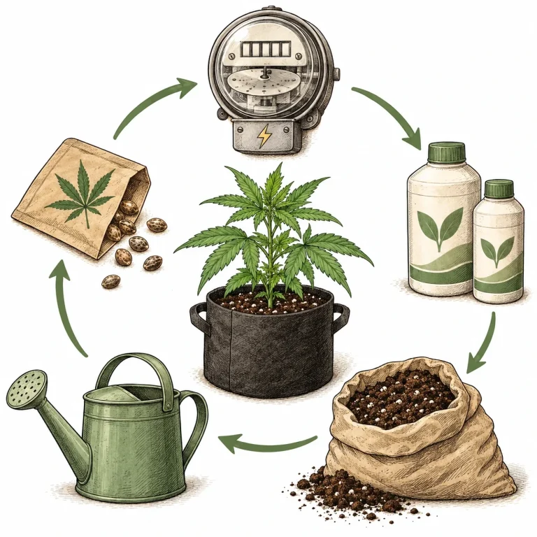 Laufende Kosten pro Grow-Zyklus: Stromzähler, Dünger, Erde, Gießkanne und Samen im Kreislauf um eine Cannabispflanze