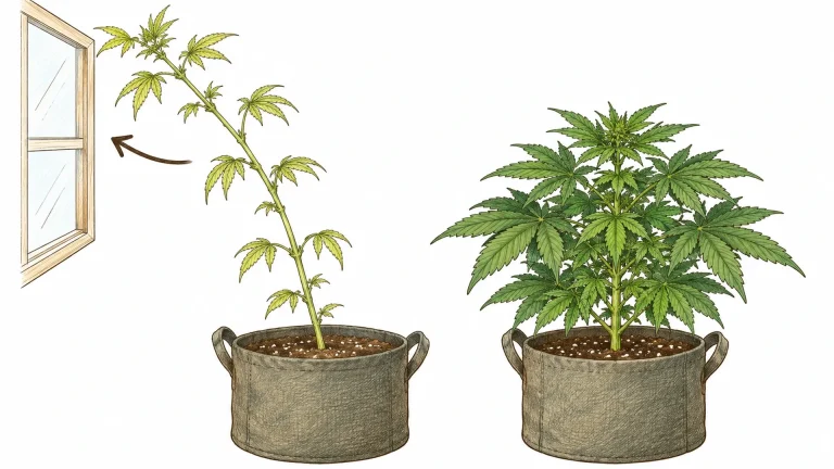 Comparison of a leggy cannabis plant leaning toward the window and a compact, healthy plant