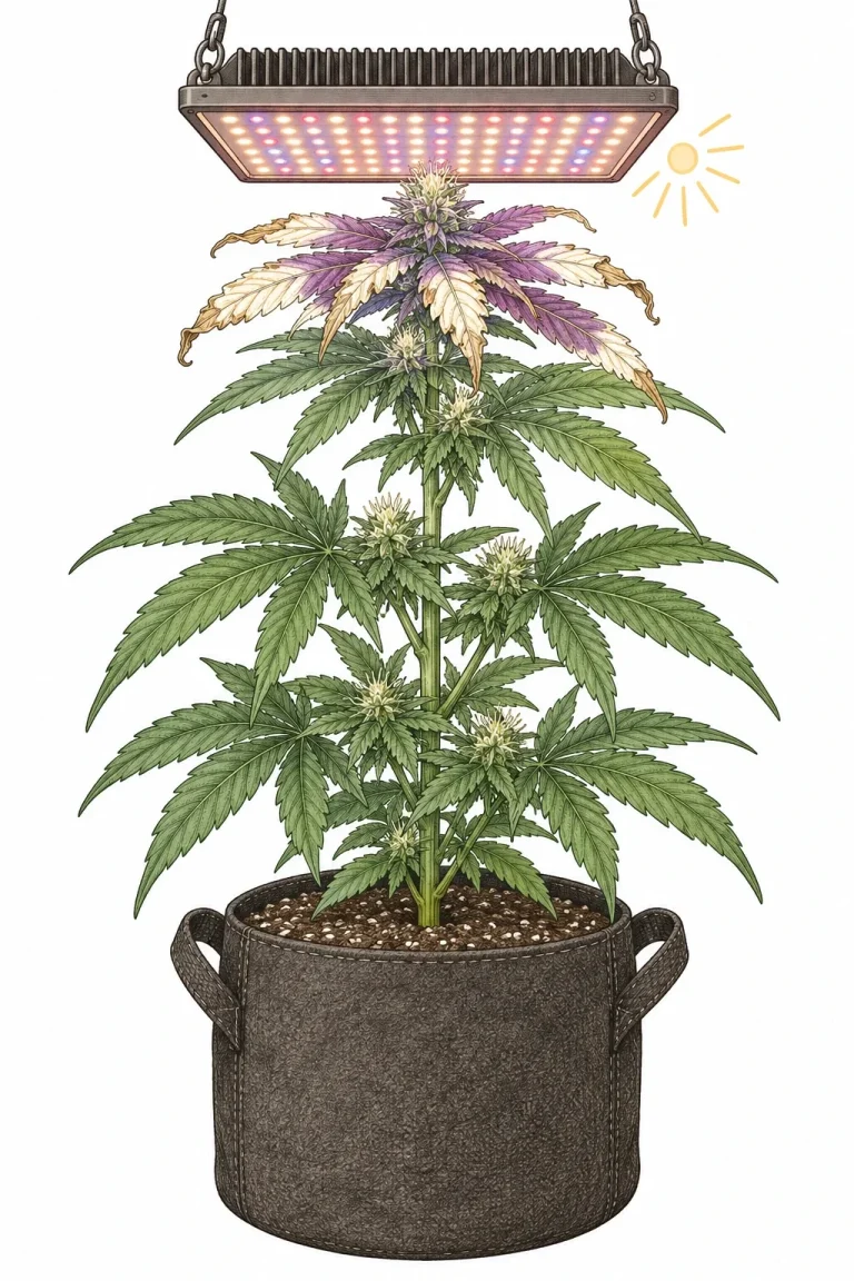 Cannabis plant close under an LED grow light with purple, bleached top leaves caused by light stress