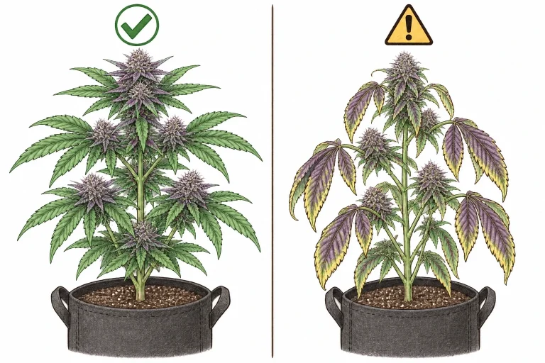 Two cannabis plants side by side: on the left a healthy plant with genetically purple buds, on the right a stressed plant with purple leaves, yellow edges and drooping foliage