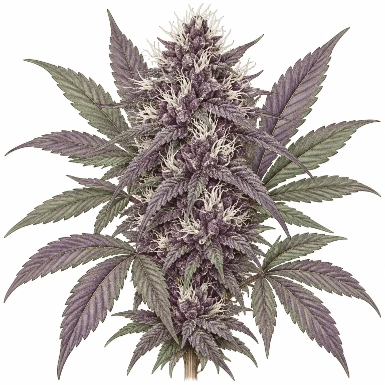 Bud of a purple cannabis strain with deep violet calyxes and evenly colored leaves