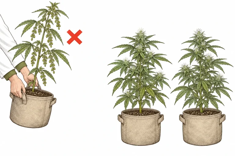 A grower’s hands carrying a male cannabis plant with pollen sacs away from the female plants