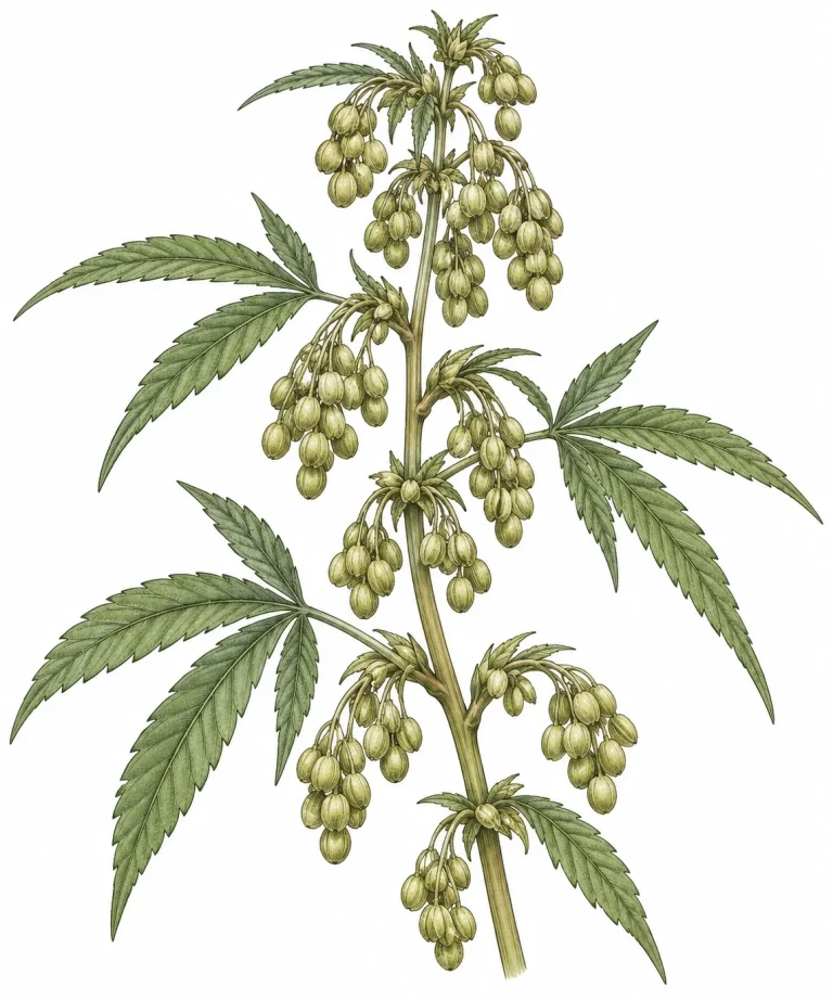 How to spot a male cannabis plant: grape-like clusters of round green pollen sacs at the nodes