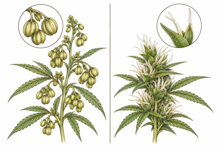 Male cannabis branch with pollen sacs next to a female branch with white pistils