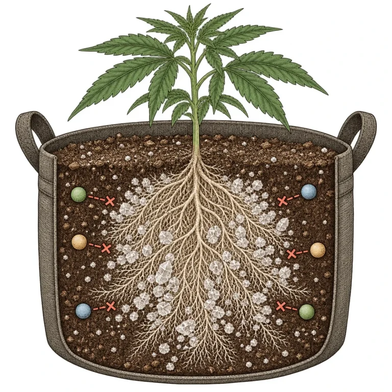 Diagram: magnesium builds up in the soil around cannabis roots and blocks the uptake of other nutrients