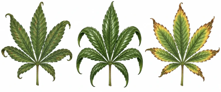 Three cannabis leaves side by side: magnesium toxicity, nitrogen toxicity and potassium deficiency
