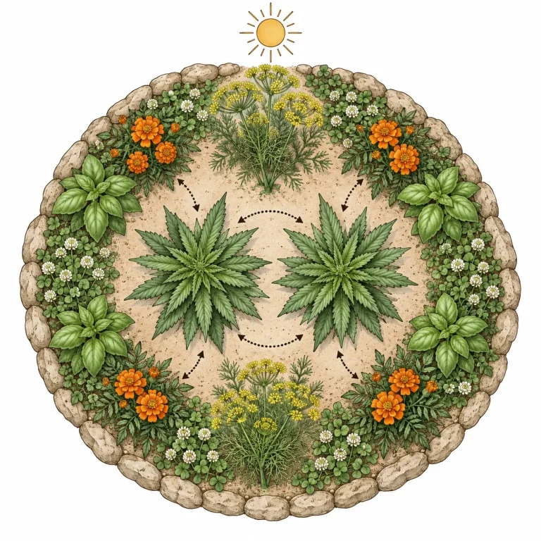 Top view of a planned companion planting bed with cannabis in the center and companion plants spaced around it