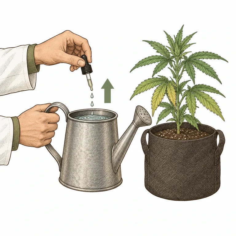 A grower’s hands adding pH Up to a watering can next to a young cannabis plant