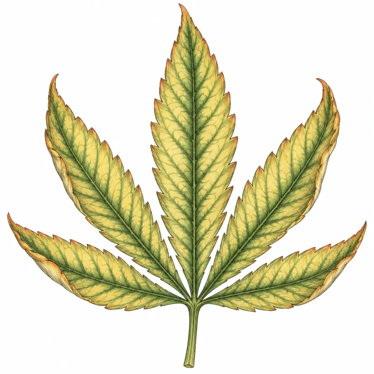 Cannabis leaf with yellowing between green veins and leaf edges cupping upward