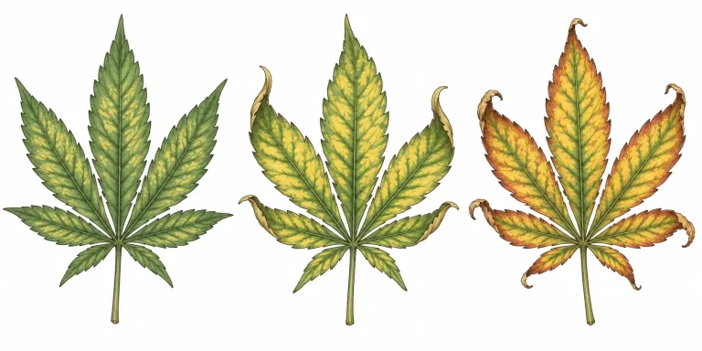 Three cannabis leaves showing how molybdenum deficiency progresses from slight paling to orange, twisted edges
