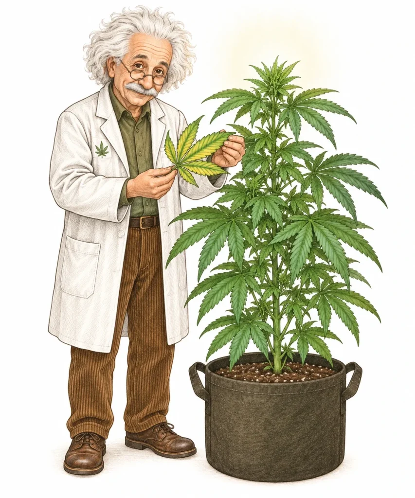 Molybdänmangel bei Cannabis: Der PlantMentor prüft ein gelb verfärbtes Blatt mit gewölbten Rändern