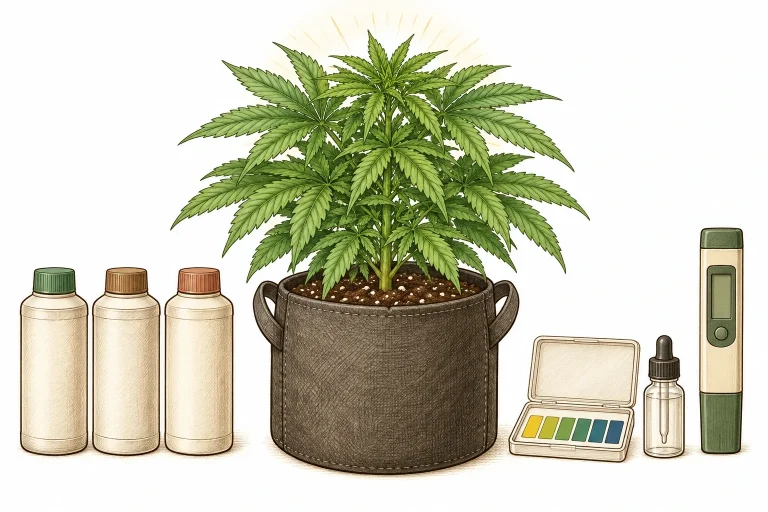 Nutrient bottles and a pH test kit next to a healthy, deep green cannabis plant in a fabric pot