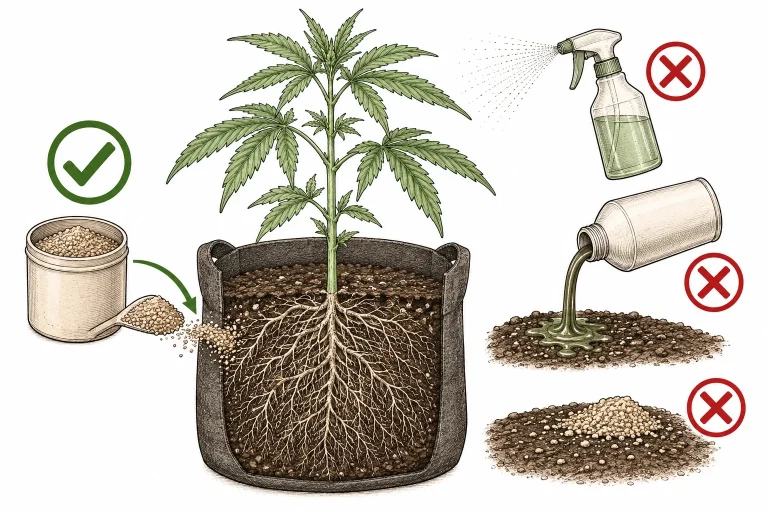 Cannabispflanze im Stofftopf mit Mykorrhiza-Pulver, daneben durchgestrichene Fehler: Fungizid, Überdüngung und Pulver nur auf der Oberfläche