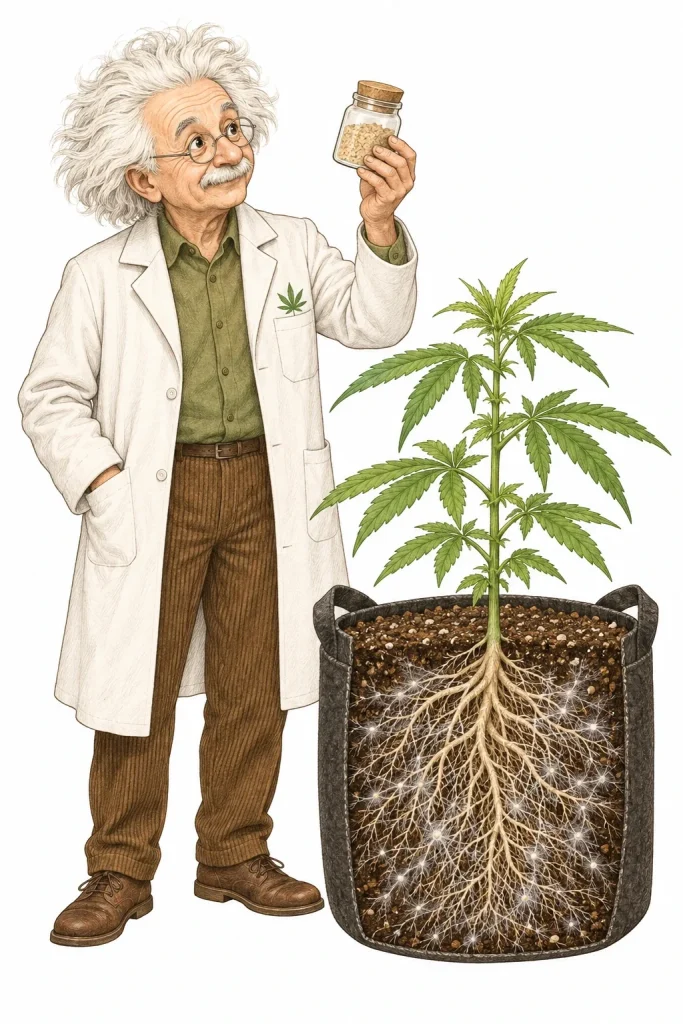 Mykorrhiza Cannabis: Der PlantMentor hält ein Glas Mykorrhiza-Pulver neben einer jungen Cannabispflanze mit sichtbaren Wurzeln