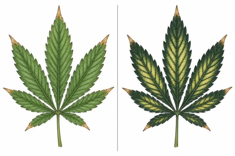 Two cannabis leaves compared: nutrient burn with scorched tips on the left, phosphorus toxicity with dark foliage and pale patches on the right