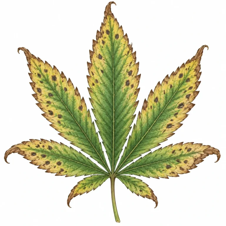 Cannabisblatt mit gelben Rändern und schwarzen abgestorbenen Flecken durch Nährstoffmangel