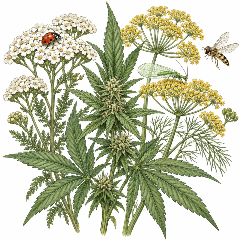 Ladybug, lacewing, and hoverfly on flowering yarrow and dill next to cannabis leaves