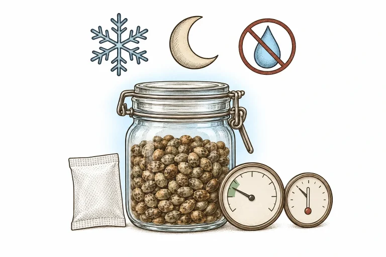 Luftdichtes Glas mit Cannabissamen, Silikagel, Hygrometer und Symbole für Kälte, Dunkelheit und Trockenheit