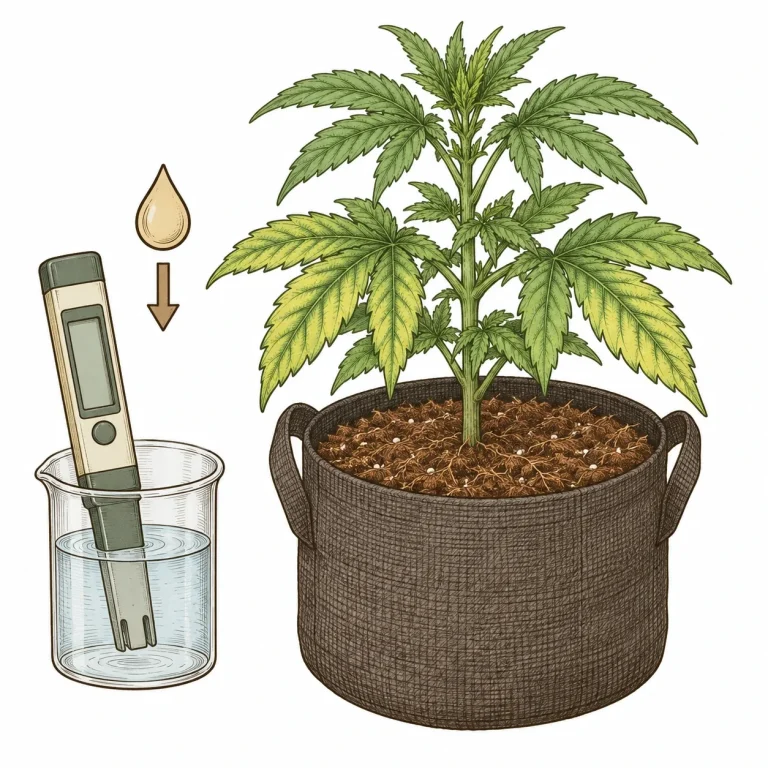 pH meter in nutrient solution next to a cannabis plant in coco coir, checking for the cause of molybdenum deficiency