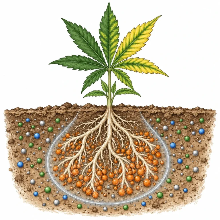 Diagram of nutrient lockout: excess phosphorus blocks the uptake of other nutrients at the cannabis roots