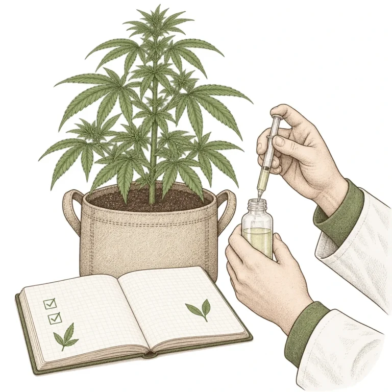 A grower measures nutrients precisely with a syringe next to a notebook and a healthy cannabis plant