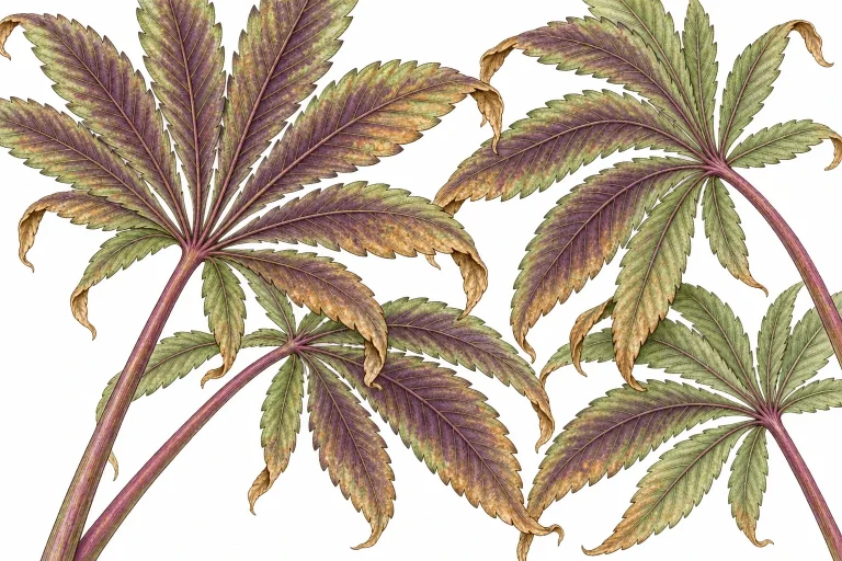 Underside of cannabis leaves with dark purple and bronze discoloration, curled leaves and brown tips caused by phosphorus deficiency