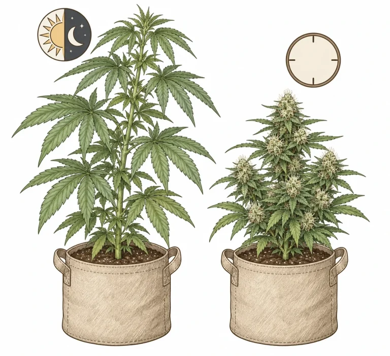 Large photoperiod cannabis plant without flowers next to a compact autoflower in a fabric pot that is already flowering