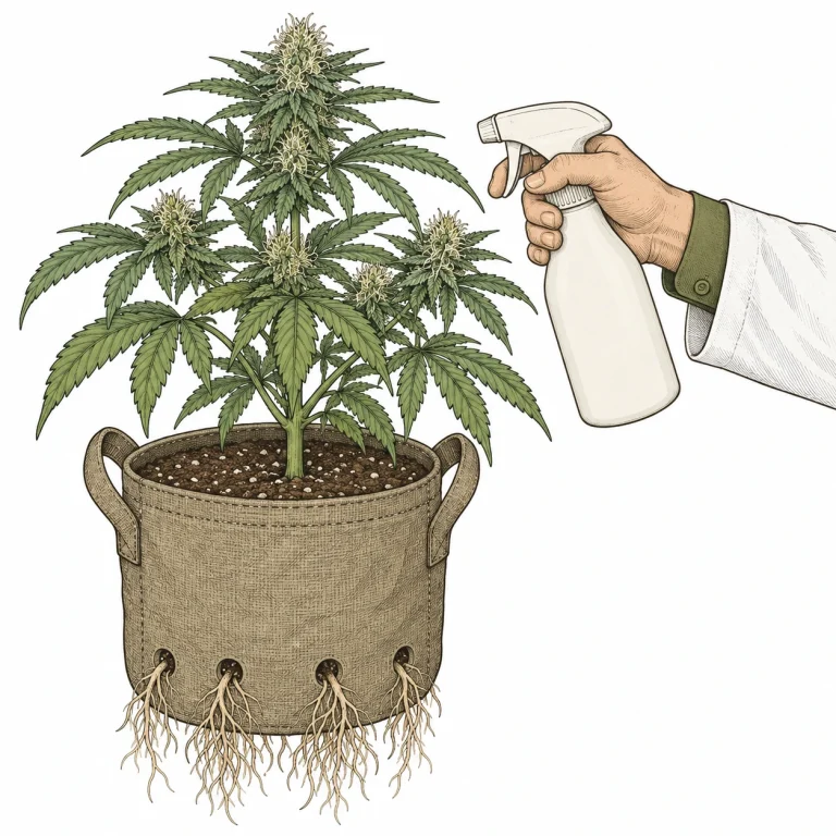 Root Bound Cannabis in Blüte mit Wurzeln an Drainagelöchern sichtbar
