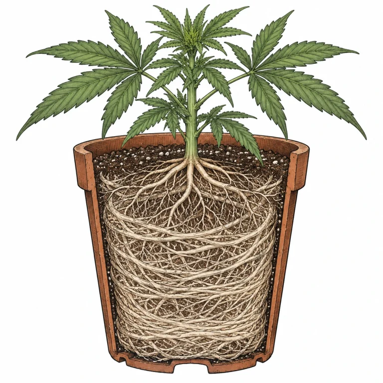 Root Bound Cannabis Querschnitt dichte weiße Wurzelmasse im Topf