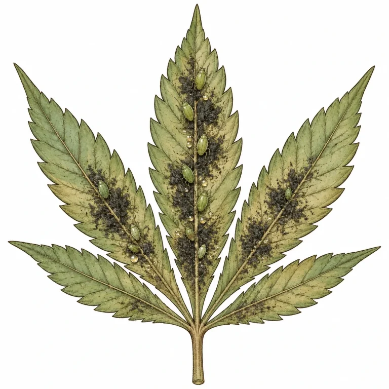 Cannabisblatt mit schwarzem Rußtau, Honigtau-Tropfen und Blattläusen