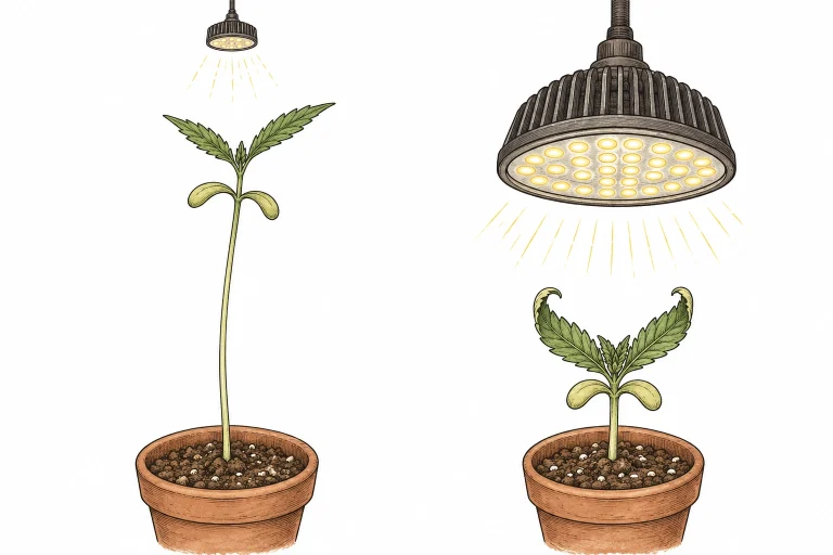 Cannabis Sämling Probleme Lichtmangel vs Hitzestress Split-Bild