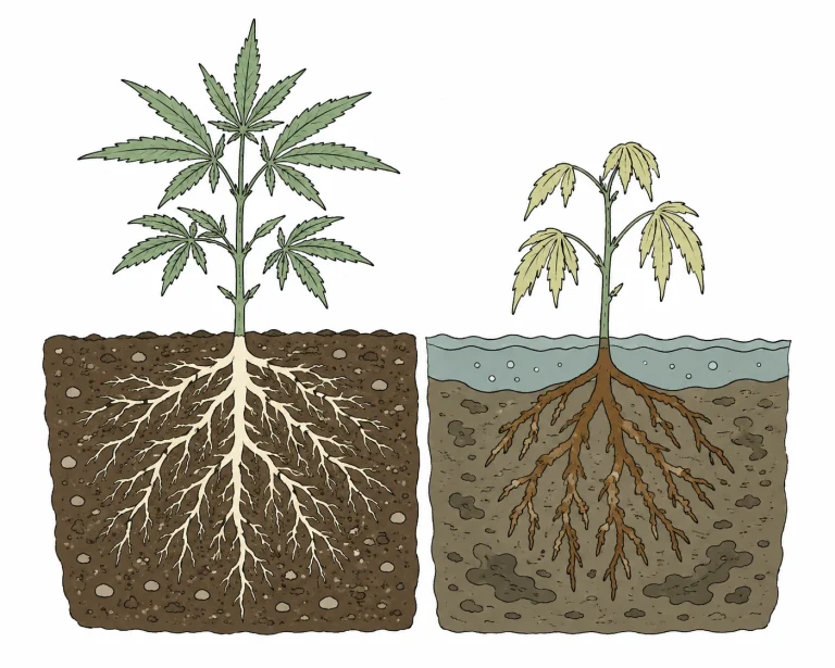 Cannabis root oxygen deprivation: healthy roots vs brown, mushy roots comparison