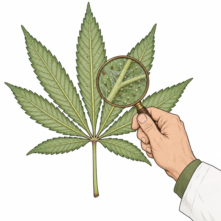Cannabis Schädlinge bekämpfen: Blattunterseite mit der Lupe kontrollieren