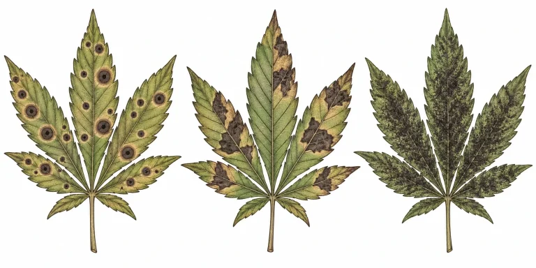 Drei Cannabisblätter mit unterschiedlichen schwarzen Fleckenmustern im Vergleich