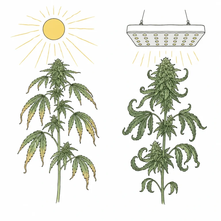 Cannabis Sonnenbrand Outdoor Mittagssonne Indoor LED zu nah Split-Bild