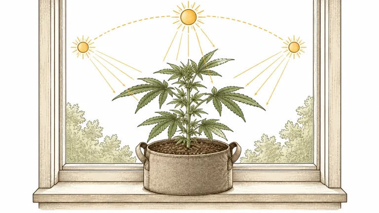 Sketch of a cannabis plant at a window with the sun’s arc and incoming rays of light