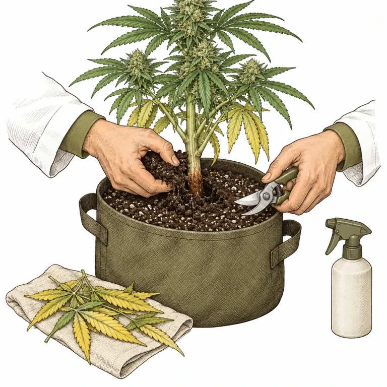Hände des PlantMentors legen den befallenen Stängelansatz frei, daneben desinfizierte Gartenschere und Sprühflasche