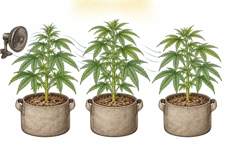 Gesunde Cannabispflanzen mit großem Abstand im Stofftopf, ein Ventilator sorgt für Luftbewegung