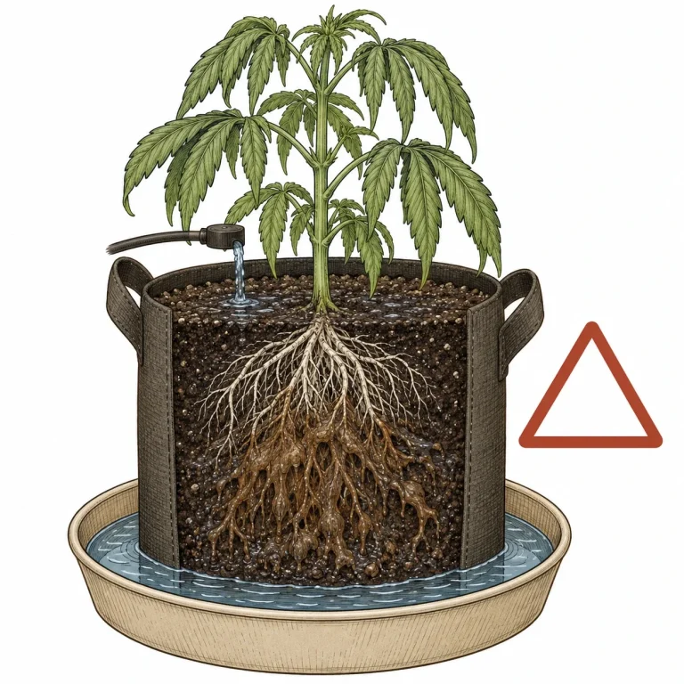 Cross-section of a soaked fabric pot with brown, rotting roots and drooping cannabis leaves from too much water