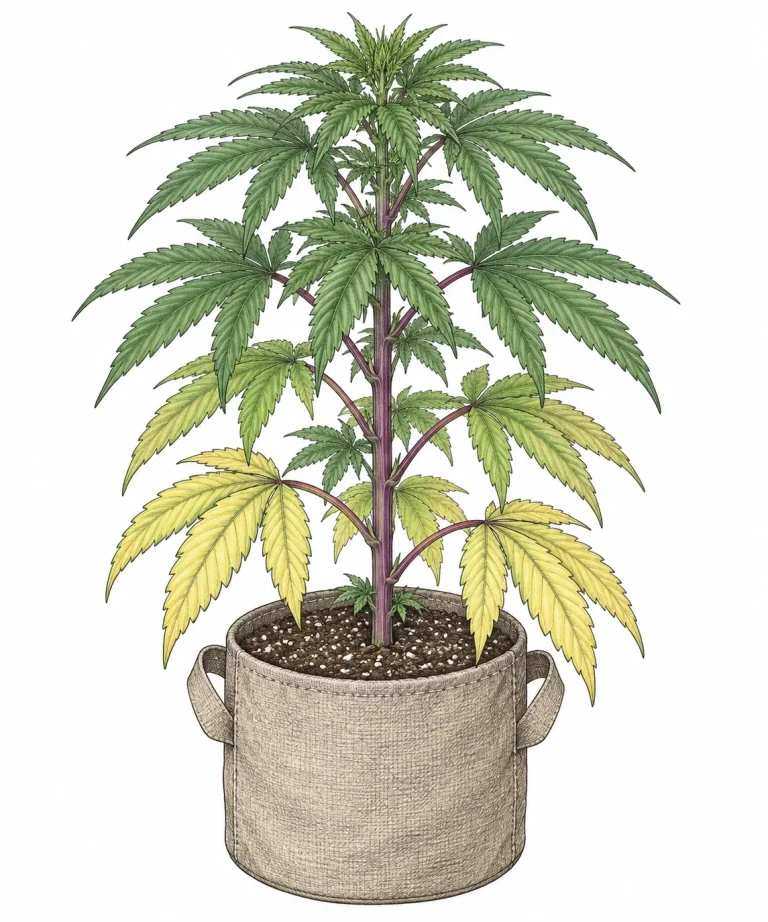 Cannabis plant in a fabric pot with yellow lower leaves, purple stems and a healthy green top caused by nitrogen deficiency