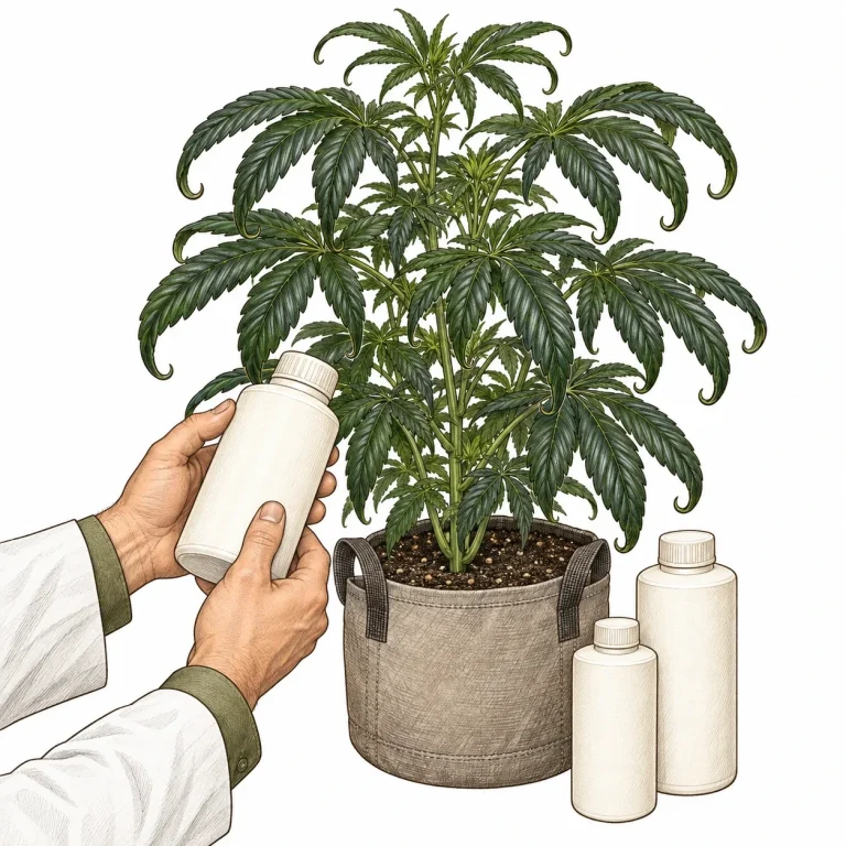 Cannabis plant with dark green, downward-clawing leaves from nitrogen toxicity while a grower checks a bottle of nutrients