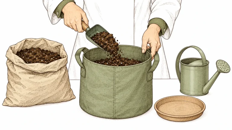 A grower’s hands filling a fabric pot with soil, with a watering can and saucer next to it