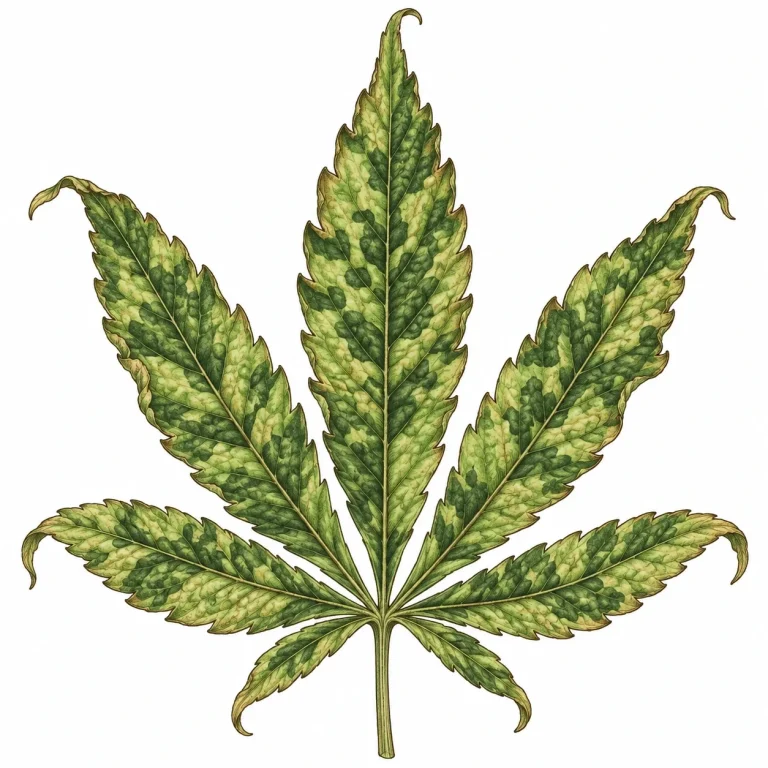 Cannabisblatt mit hell- und dunkelgrünem Mosaikmuster und leicht eingerollten Rändern durch Tabakmosaikvirus