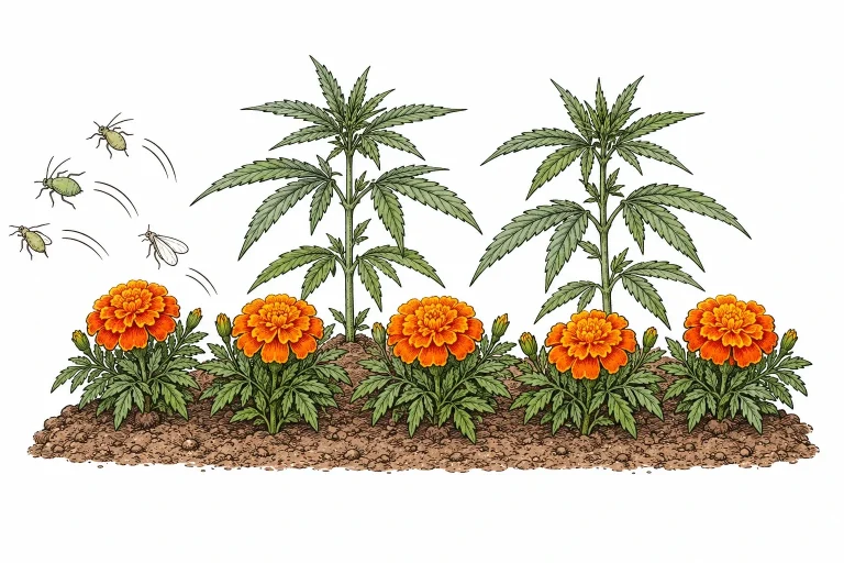 Row of blooming marigolds in front of young outdoor cannabis plants to keep pests away