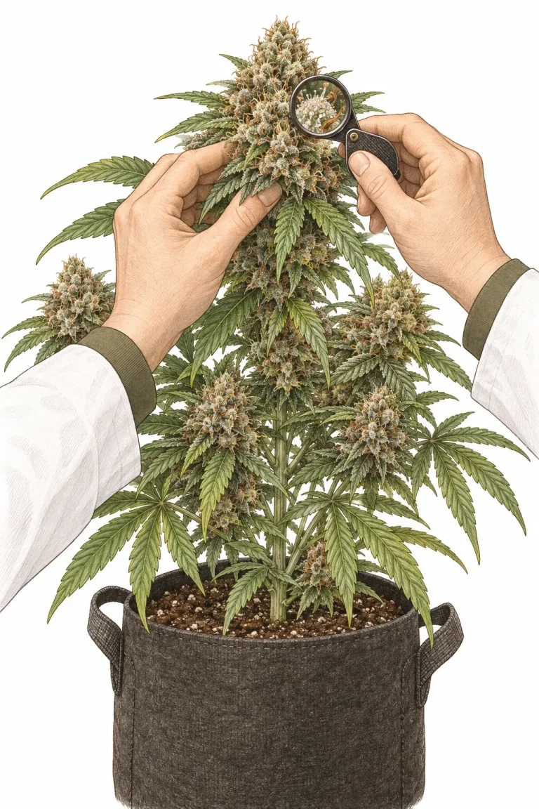 A grower inspects the resin-covered buds of a cannabis plant in late flower with a magnifying loupe