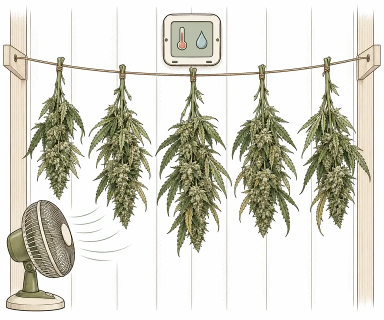 Thermo-hygrometer in a drying room monitoring temperature and humidity while cannabis dries