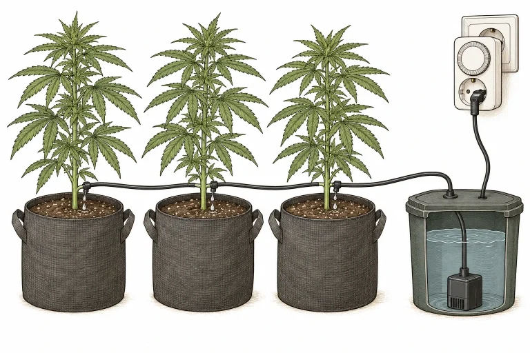 Drip irrigation with a pump, timer and individual drippers on three cannabis plants in fabric pots