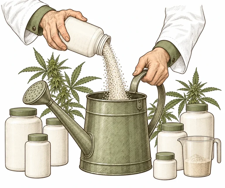 A grower adds a Cal-Mag supplement to a watering can next to bottles of base nutrients
