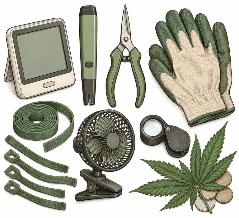 Versteckte Kosten beim Cannabis-Anbau: Thermo-Hygrometer, pH-Messstift, Schere, Handschuhe, Pflanzenbinder und Ersatzventilator